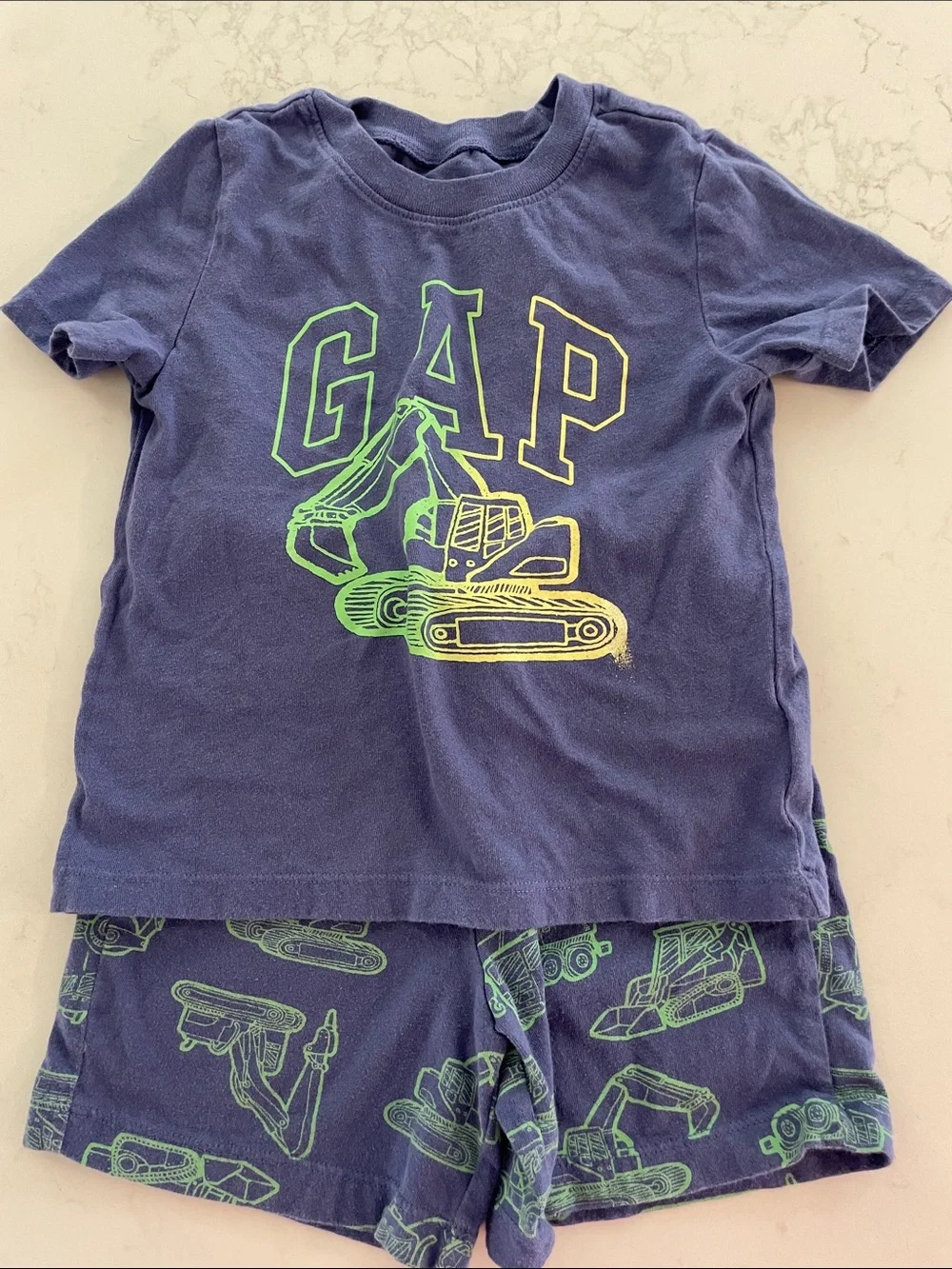 GAP Navy Tee & Shorts Set with Neon Green and Yellow Excavator Graphic
